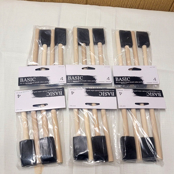 1" Basic Foam Brush Value Packs 6 Sets of 4 = 24 Total Brushes Wooden Handles - Picture 1 of 3